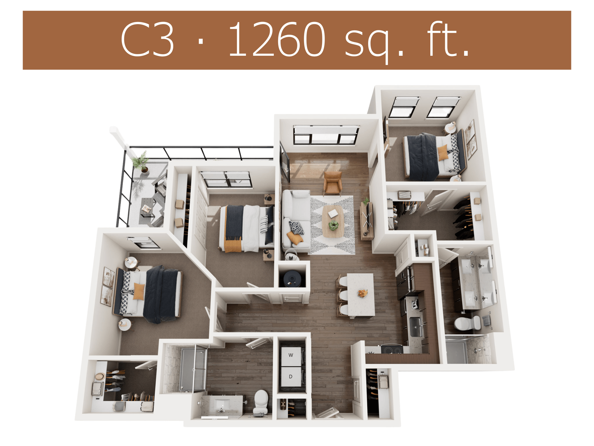 Floor plan for 3 beds, 2 baths, 1260 sqft